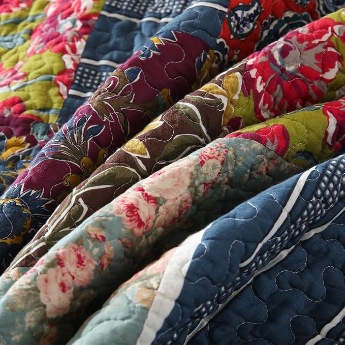 VISIMISI Cotton Bedspread Quilt Sets Reversible Bedding Coverlet Sets 3 Pieces Patchwork Blue Vintage Floral Paisley Bedspread, Queen Size