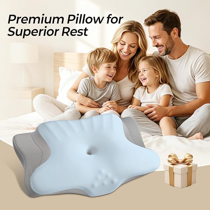 Ylekto Cervical Neck Pillow for Pain Relief - Contour Memory Foam Pillows | Ergonomic Pillow for Sleeping, Side Sleeper Pillow for Neck Support, Bed Pillow for Side Back Stomach Sleepers (Blue & Grey)