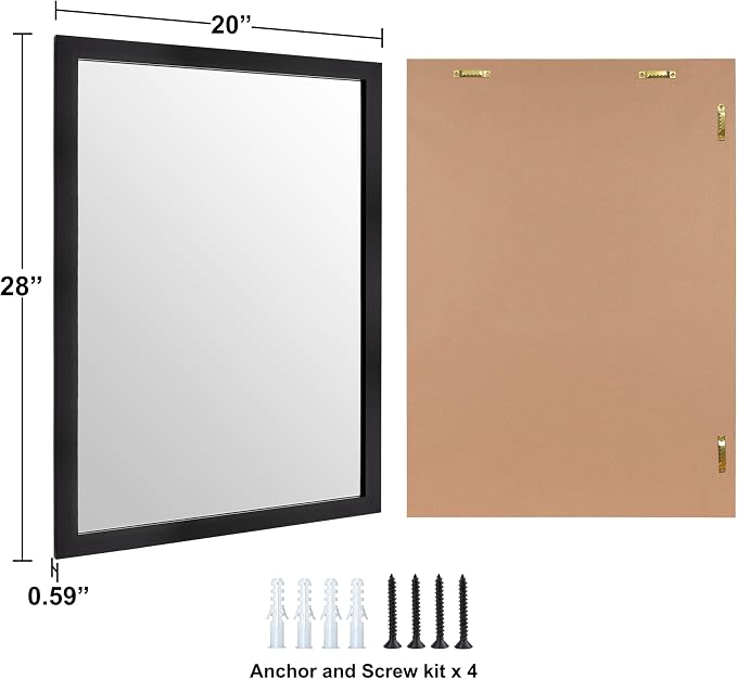 Rectangular Wall Mirror 28x20 Inch Bathroom Mirror for Over Sink, Black | Decorative Wall Mounted Mirror, Hangs Horizontally or Vertically for Vanity, Entryway, Restroom