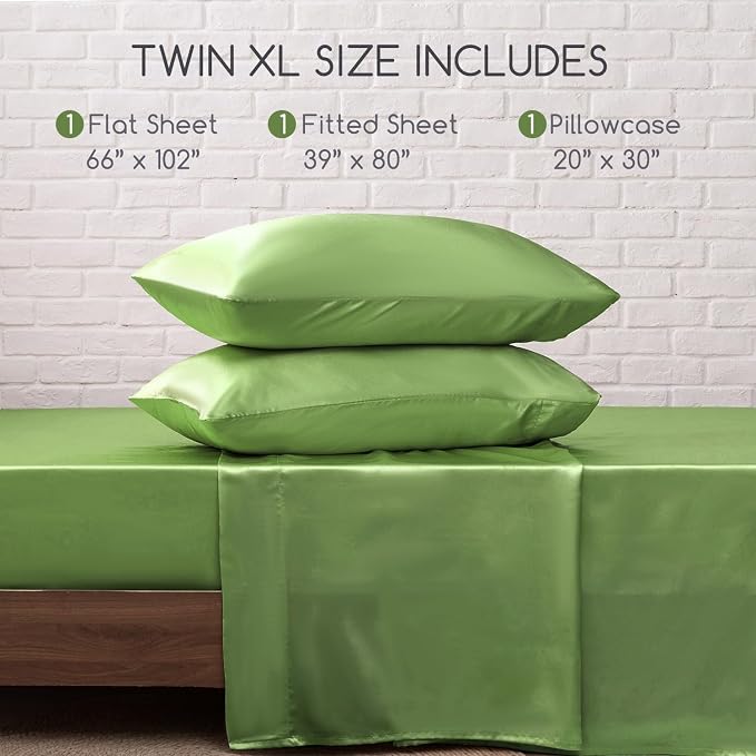MR&HM Satin Sheets Twin XL Size with Elastic Corner Straps, Sage | Similar to Silk, 3-Piece Silky Soft Bed Sheet Set, Gentle on Skin and Hair, 15" Deep Pocket, Cooling & Breathable