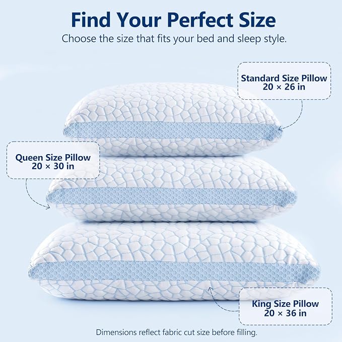 QUTOOL Enhanced Cooling Pillows for Sleeping, CertiPUR-US Shredded Memory Foam Pillows Standard Size Set of 1 for Hot Sleeper, Adjustable Pillow for Side, Back, Stomach Sleepers Support Yet Soft, Blue