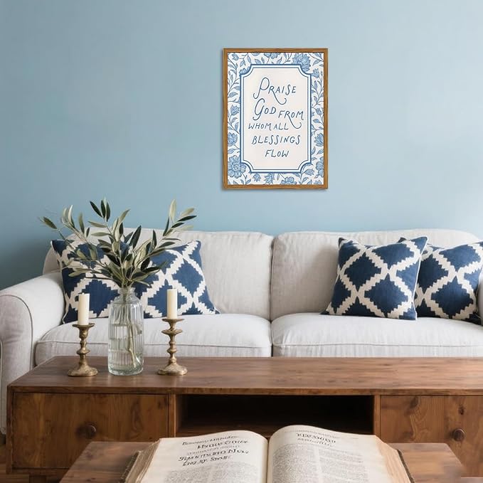 Framed Christian Wall Art, Bible Verse Praise God From Whom All Blessings Flow Pictures Wall Decor, Blue Floral Scripture Paintings Canvas Prints Religious Home Decor for Prayer Living Room 12x16 inch