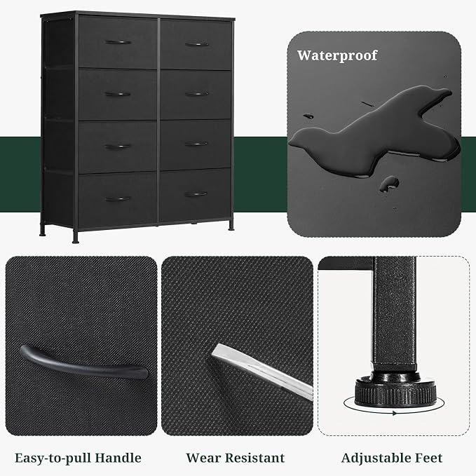 8-Drawer Dresser for Bedroom, Anti-Tip Tall Storage Organizer | Chest of Drawers with Wooden Top and Metal Frame Fabric Bins for Closet, Living Room, Hallway, Entryway, Black