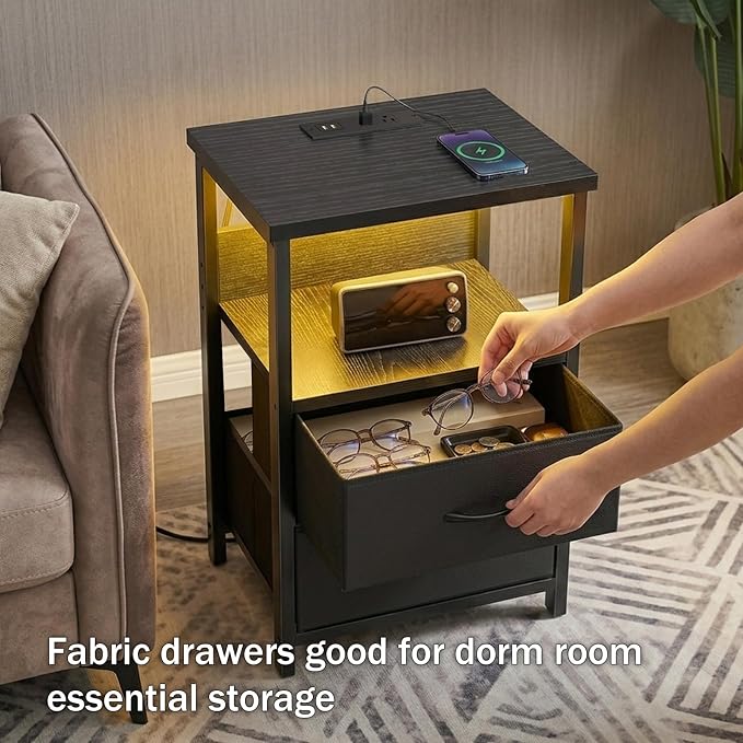 Fixwal Night Stand with Charging Station, Black Led Nightstand, 2 Drawers | fabric drawer, built-in bedside charger, 2 AC outlets & 2 USB ports, open top shelf, small bedroom furniture, end table