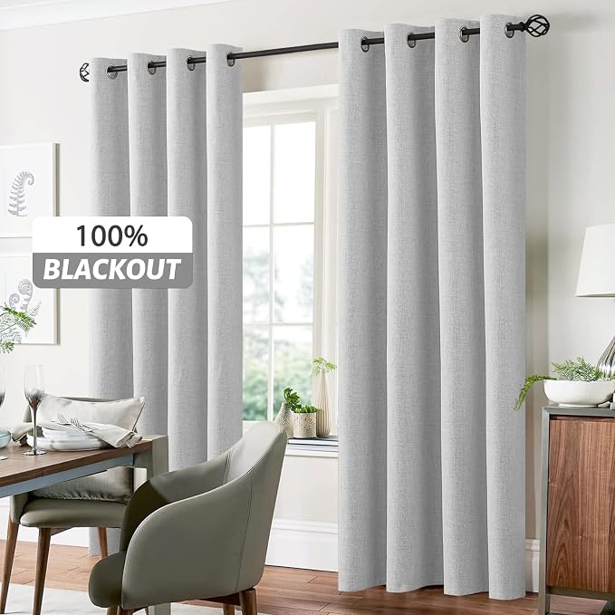 Yakamok White Linen Textured Curtains 63 Inches Long for Living Room | 100% Blackout Curtains,Room Darkening Curtains,Thermal Grommet Bedroom Curtain 2 Panels with Greyish White Liner,52W x 63L