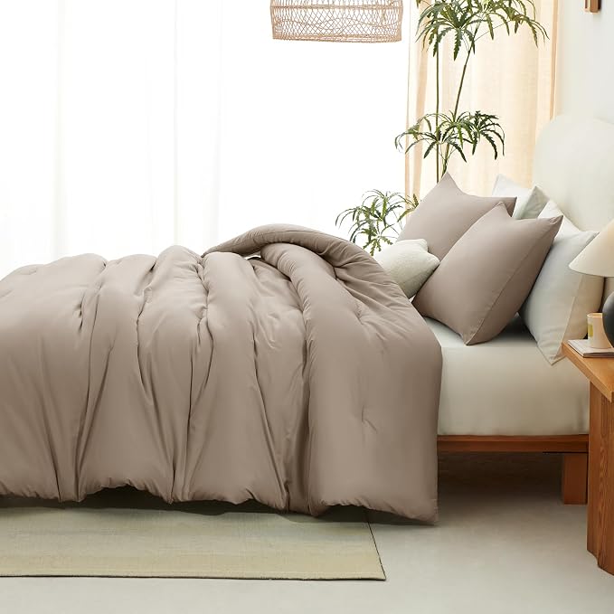 Queen Comforter Set, 3 Pieces Down Alternative Bedding, Khaki | 270 GSM All Season Comforter with 4 Corner Ties for Use as a Duvet Insert, OEKO-TEX Certified, 2 Pillowcases, 88 x 88 in