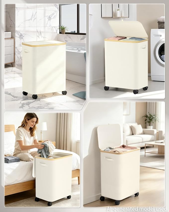 Double Laundry Basket with Wheels and Lid, 150L Clothes Hampers for Laundry | Large Laundry Hamper with 2 Sections & Removable Liner Bags, Rolling Dirty Clothes Basket for Bedroom Bathroom Dorm College