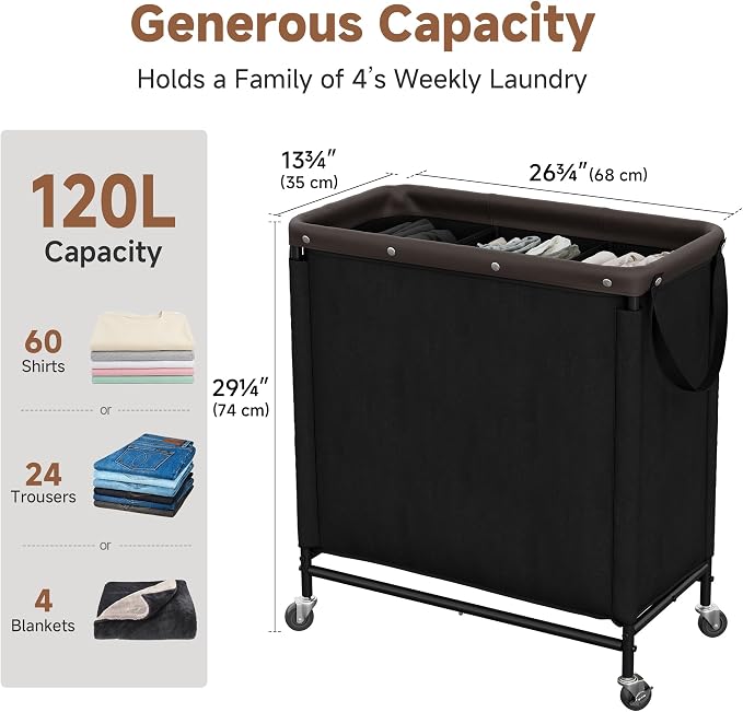 StorageWorks 3 Section Laundry Hamper, 120L Black Sorter Cart with Wheels | Black Sorter Cart, Rolling Organizer for Bedroom, Bathroom, Apartment