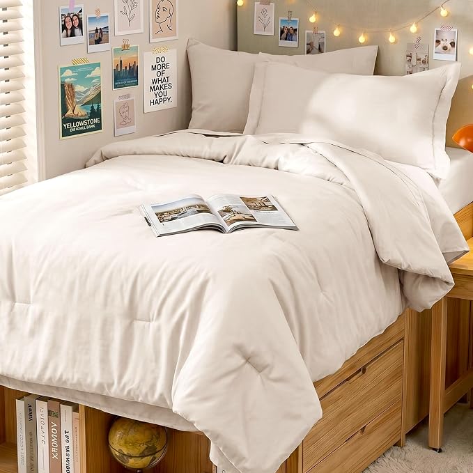 5 Pieces Twin XL Comforter Set, Soft Bed in a Bag Twin XL Size, All Season Bedding Set with Comforter, Flat Sheet, Fitted Sheet, Pillowcases & Shams, Beige