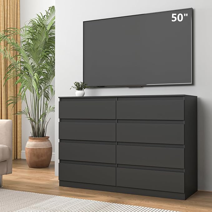 Vibe & Dine 8 Drawer Double Dressser, Modern Chest of Drawers with Wide Storage for Closet, Bedroom, Living Room, Black