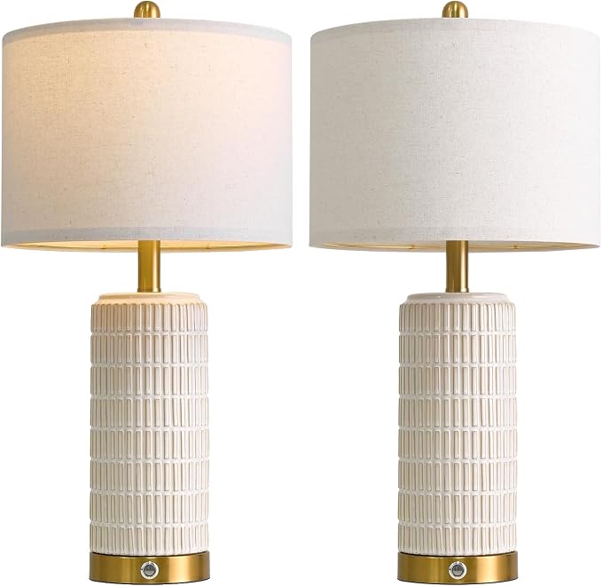 PoKat Touch Bedside Table Lamps with 2 USB for Bedroom Living Room, 25'' | Nightstand lamps Set of 2, 3 way dimmable with 2 bulbs, durable white ceramic, farmhouse & modern style for side table