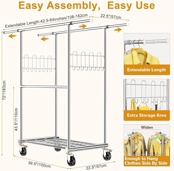 100% Stainless Steel Heavy Duty Clothes Rack Load 960LBS, Three Rods Clothing Racks for Hanging Clothes Extendable, Rolling Garment Rack With Sturdy Wheels Shelves Hooks, Portable Closet Wardrobe Rack