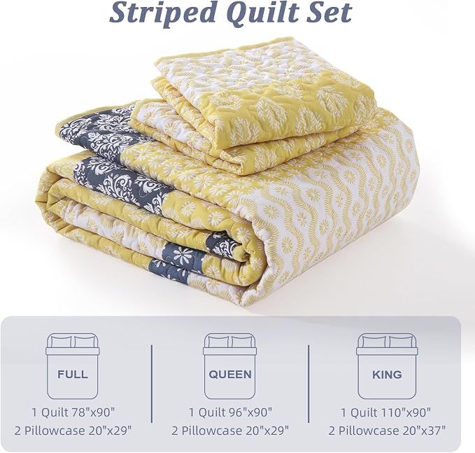Cottolester Boho Full Size Quilt Set, Yellow Striped Bedspread Bedding | Soft Microfiber Coverlet,Breathable All-Season,Machine Washable,3-Piece Set,Fits King 90"x78",Cozy Essential for Men Women