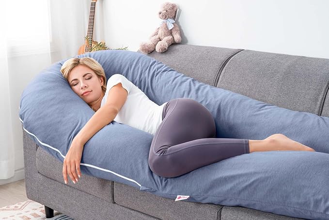 Meiz Pregnancy Pillows, Cooling Silky Pregnancy Pillows for Sleeping, 65" U Shaped Full Body Maternity Pillow for Pregnant Women, with Washable Jersey Cotton Cover, Blue