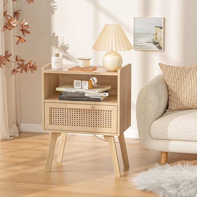 Lerliuo Rattan Nightstands Set of 2 with Charging Station, Boho Night Stand | Handmade Natural Rattan Drawer and Open Shelf, Side End Tables with Solid Wood Legs for Bedroom, Dorm, Small Spaces