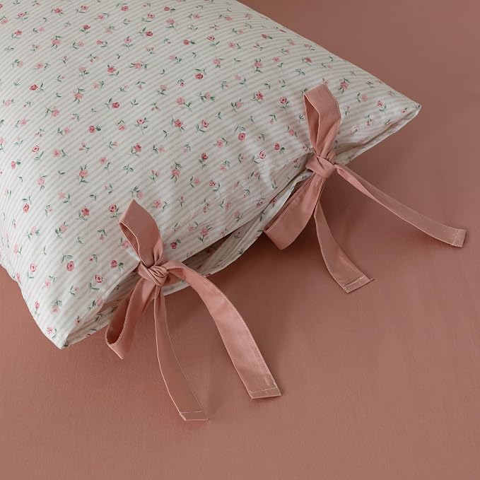 mixinni White Flower Pattern Duvet Cover Full Pink Floral Stripes Duvet Cover Set 100% Cotton Bedding Set with Zipper Ties Bow Tie Pillowcases, Easy Care, Ultra Soft and Breathable-Full Size