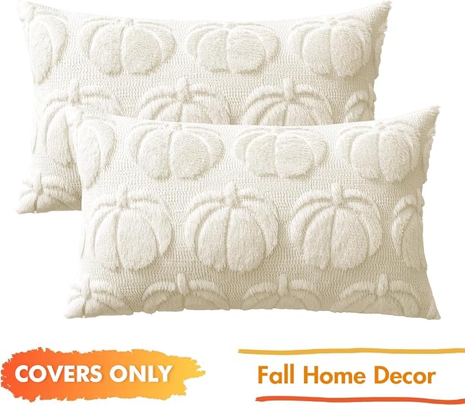 MIULEE Fall Pillow Covers Pumpkin Fall Decor Lumbar 12x20 Cream White | Set of 2 Fall Decorations for Home, Plush Faux Fur Farmhouse Accent Pillowcases, Porch Sofa Couch Cushion Bed Livingroom