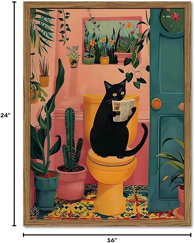 Funny Black Cat Bathroom Wall Art Whimsical Cat Reading Newspaper on Toilet Wall Decor Picture Cute Animal Bathroom Poster Canvas Painting Prints for Restroom 16x24 inch Framed
