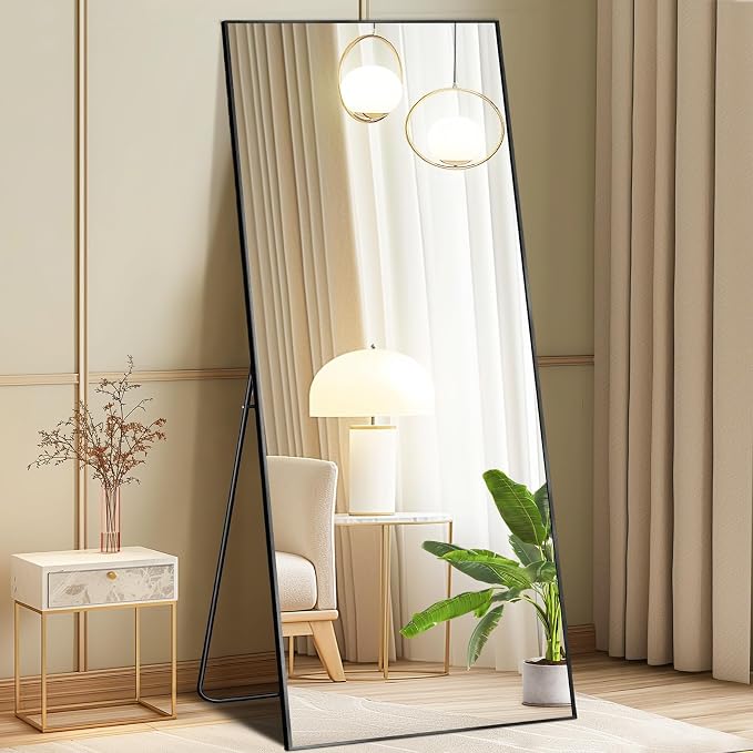 21"x64" Mirror Full Length, Upgraded Body Wall Mirrors | Shatter-Proof Glass, Floor Standing, Hanging or Leaning, Tall Mirror with Stand Aluminum Alloy Frame for Bedroom, Black