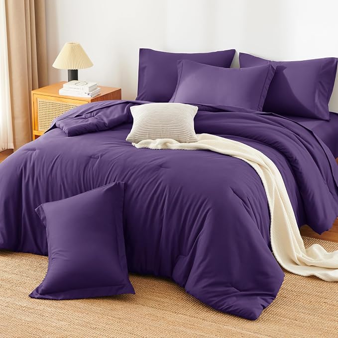 HIMEET Full Comforter Set, 7-Piece Point-Quilted Bed in a Bag, Purple | OEKO-TEX Certified, Lightweight 240 GSM Comforter, Flat Sheet, 14-Inch Deep-Pocket Fitted Sheet, Pillowcases & Shams