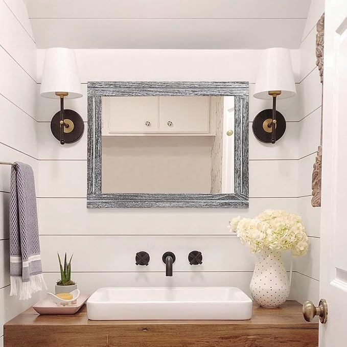 AAZZKANG Rustic Mirror Wood Framed Wall Mirrors Large 20"x16" Rectangle | Decorative for Bedroom Bathroom Farmhouse Living Room Home Entryway