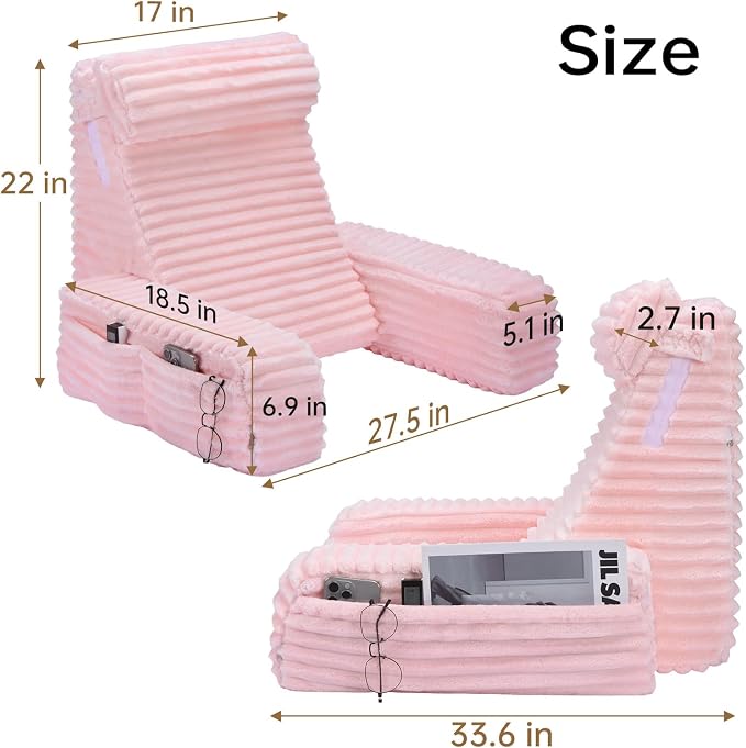ENITYA 22" XL Back Pillow for Bed Sitting Up with Armrests & Big Pockets | Supportive Reading Pillow with Removable Washable Cover, Ideal for Bedroom, Living Room, Dorm, Modern Style, Pink