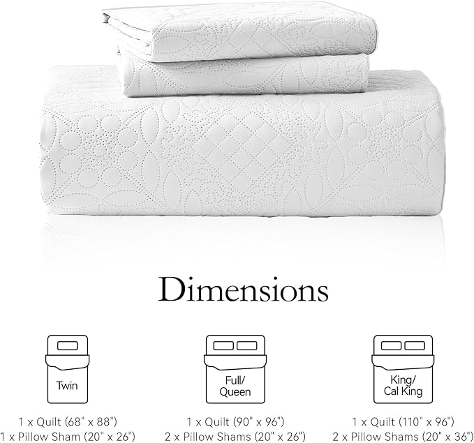 FLYMME Full Queen Quilt Bedding Set,Lightweight White Bedspreads,Vintage Olive Leaf Design,Ultra Soft Microfiber Bed Coverlet 3 Pieces for All-Season (1 Quilt,2 Shams)