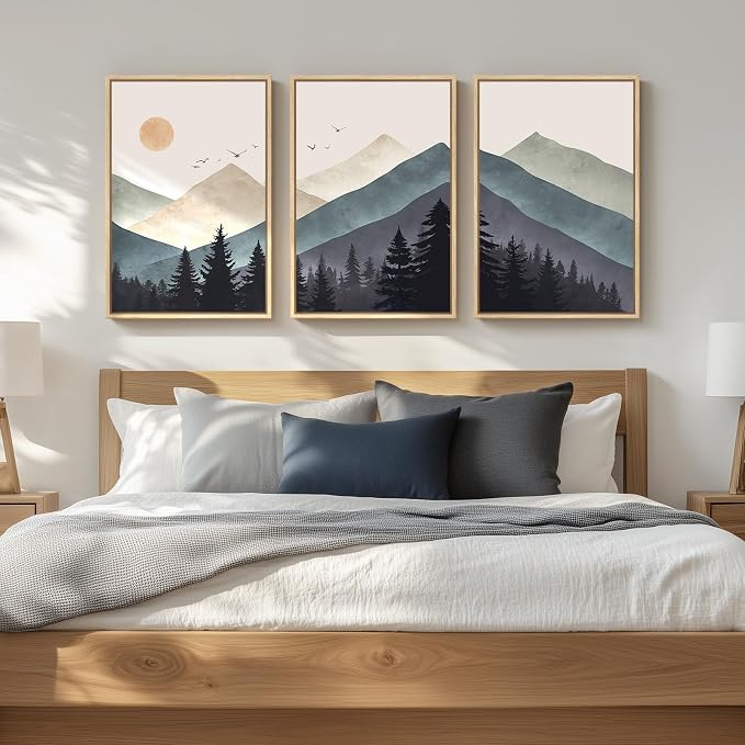Large Framed Boho Mountain Landscape Wall Art for Living Room, 24x36 Inch | 3 piece, Modern, Minimalist, Large, Canvas artwork, Pine tree picture, Dining room wall decor, Ready to hang, Wood frame