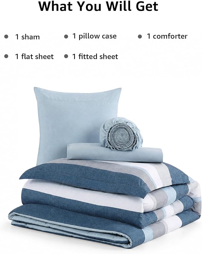 Monbix Twin XL Comforter Set,5 Piece Striped Bed in a Bag Twin Bedding Sets | All Season Sailor Blue Reversible Soft Comforter with Sheets, Pillowcase & Sham, College Dorm Essentials