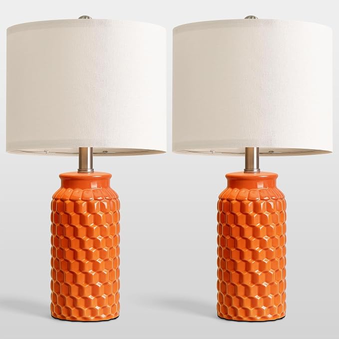 USumkky 20.5" Ceramic Table Lamps Set of 2, Modern Farmhouse Boho Bedside Lamps for Bedroom, Nightstand Lamps for Living Room End Tables, Small Desk Lamps, Orange