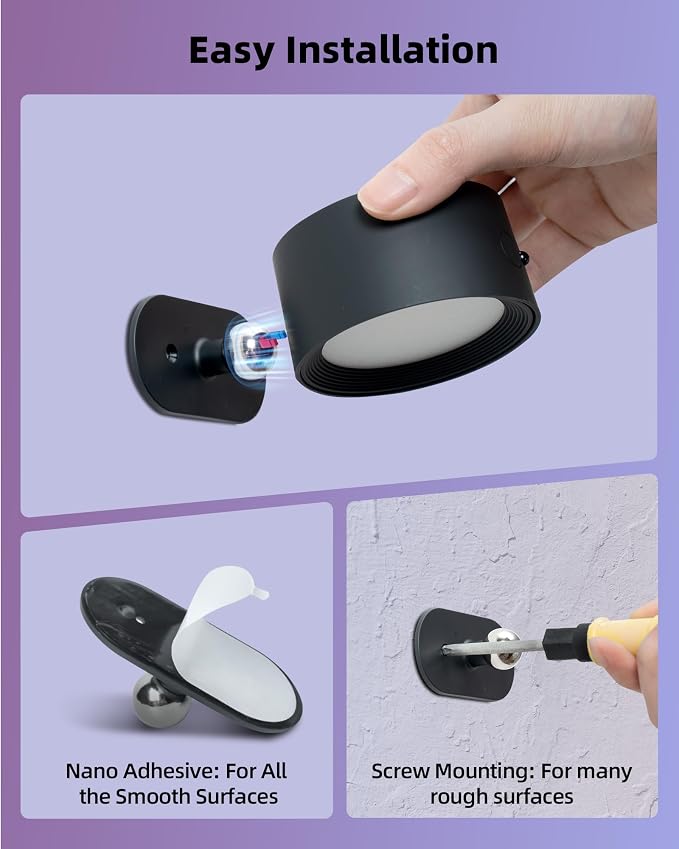 LED Wall Mounted Lights, Rechargeable Wall Sconces, 3 Color Temps, Remote & Touch, 360° Rotating and Dimmable for Bedroom, Bedside & Reading (Black-RGB, 2 Pack)