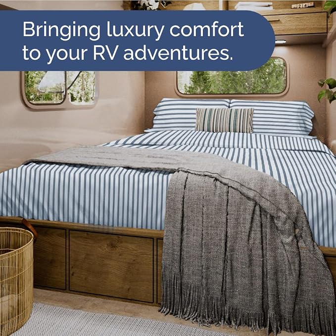 Short Queen Size 4 Piece Bed Sheet Set - RV Short Queen - Blue Stripes | Ultra-Soft, Breathable & Cooling Bed Sheets Set with Deep Pockets, Hotel Luxury Bedding for Women & Men, Wrinkle & Fade Free