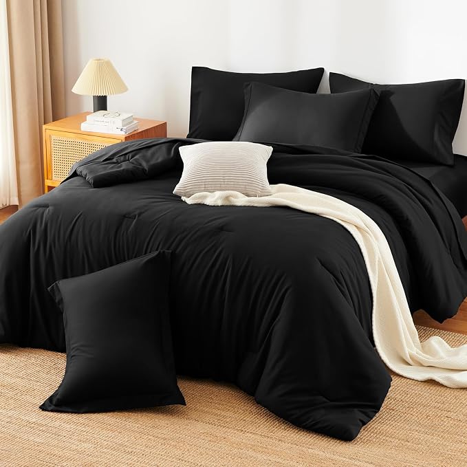 HIMEET California King Comforter Set, 7-Piece Point-Quilted, Black | OEKO-TEX Certified, Lightweight 240 GSM Comforter, Flat Sheet, 14-Inch Deep-Pocket Fitted Sheet, Pillowcases & Shams