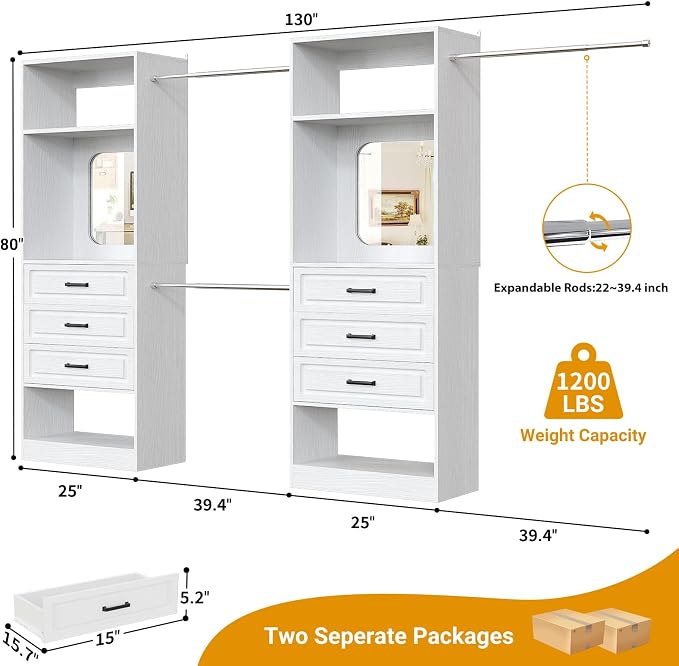 Unikito 6-14FT Wood Closet System with 6 Drawers and Mirror, White | Sturdy walk-in organizer wardrobe for clothing, clothes rack with 3 hanging rods, freestanding garment storage tower.