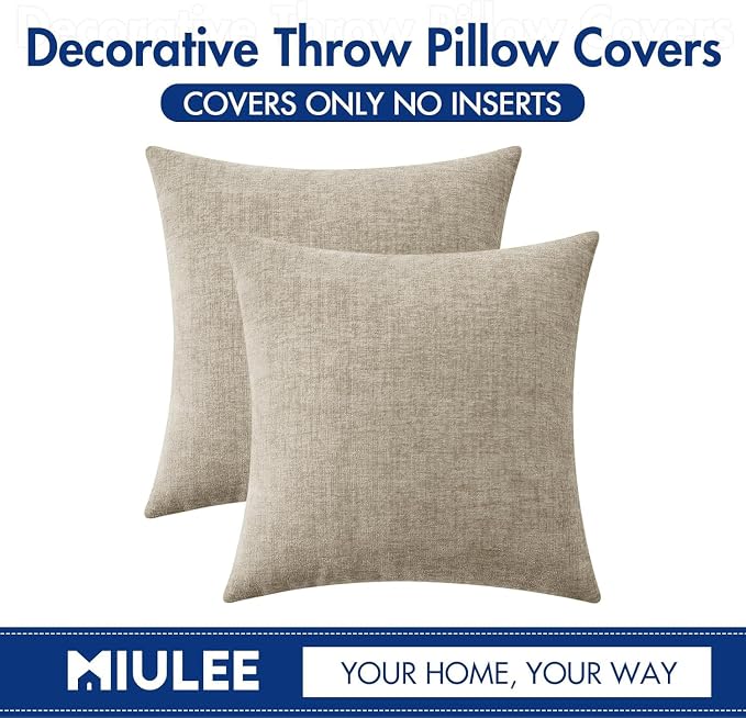 MIULEE Soft Chenille Throw Pillow Covers Light Taupe 18x18 Inch Pack of 2 | Modern Home Decor, Classic Decorative Pillows, Solid Dyed Cases, Boho Couch Cushion Covers for Sofa Bed Living Room