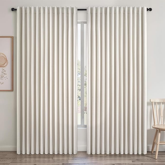 Extra Wide 100 Inch Length Blackout Curtains & Drapes 90 Inches Long 2 Panels Set for Sliding Glass Doors Modern Pleated Linen Blend Heavy Floor to Ceiling Large Window Drapes(100"Wx90"Lx 2 Birch)