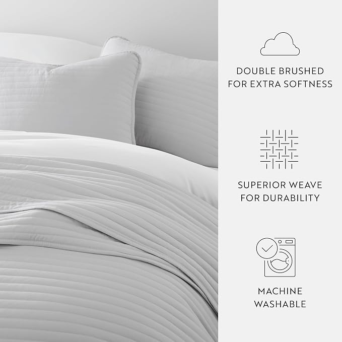 Merit Linens Modern Quilt Coverlet Soft Set in Stripe Stitching - Twin/TwinXL Light Gray