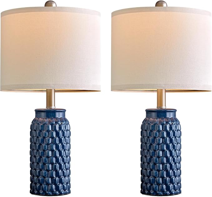 USumkky 20.5 inches Modern Ceramic Dark Blue Bedside Lamp Set of 2 for Bedroom Decor Farmhouse Table Lamp for Living Room Office Dorm