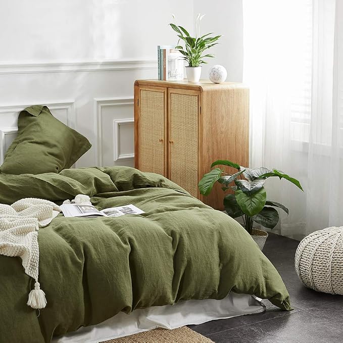 Simple&Opulence 100% Linen Duvet Cover Set 3pcs Basic Style Natural French Washed Flax Solid Color Soft Breathable Farmhouse Bedding with Button Closure - Olive Green, King