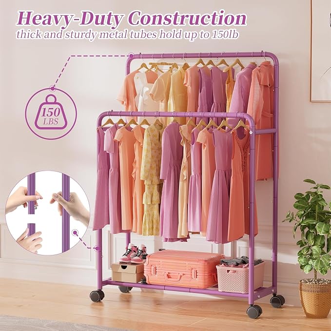 Simple Trending Clothing Clothes Rack, Double Rod Garment Rack, Purple | Portable Closet with Bottom Shelf, Anti-Slip Stoppers, 360° Lockable Wheels, Multiple Uses, Bedroom, Laundry Room