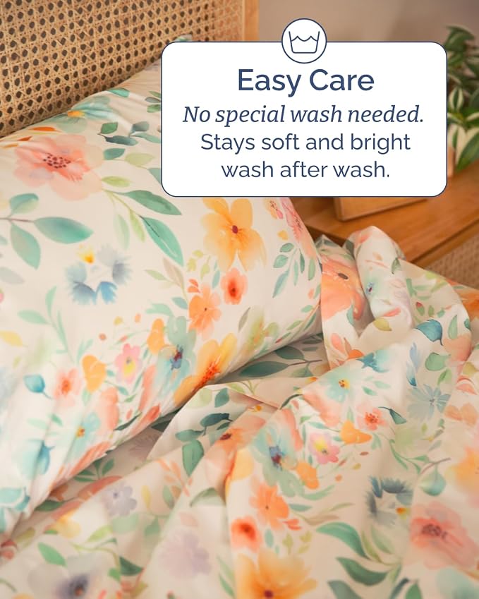 Full 4 Piece Floral Sheet Set - Soft, Breathable & Cooling - Blush Blossom | 1 Flat, 1 Fitted & 2 Pillowcases w/ Deep Pockets, Boho Botanical Floral Bedding, Breathable & Cooling, Wrinkle & Fade Free