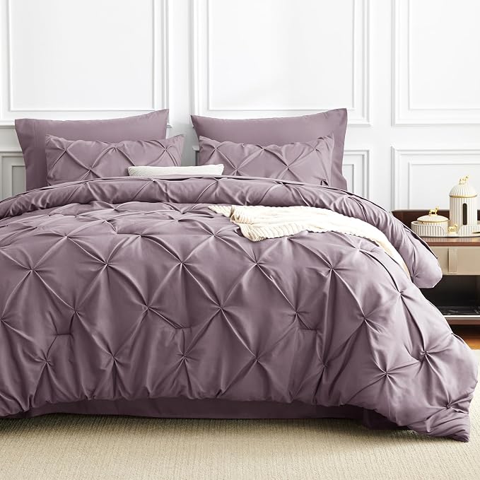 HIMEET King Size Comforter Set Dusty Purple - 7 Pieces Pintuck Bed in a Bag | OEKO-TEX Certified, 240GSM Down Alternative Comforter, 14" Deep Pocket Fitted Sheet + Flat Sheet + 2 Pillowcases + 2 Shams