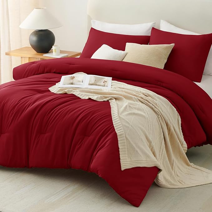California King Comforter Set, 3 Pieces Dark Red Quilted Bedding | 270 GSM Down Alternative Fill, 4 Corner Ties for Duvet Insert Use, All Season, OEKO-TEX Certified, 2 Pillowcases, 104 x 96 in