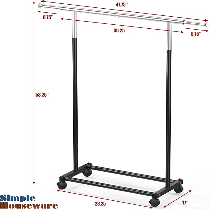 Simple Houseware Standard Rod Garment Clothing Rack, Black | Single Rail, Extendable Width from 30 to 47 Inches, Rolling Clothing Organizer for Bedroom, Laundry, Living Room