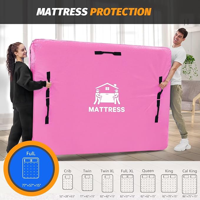 Mattress Bags for Moving, BETU Mattress Protector Waterproof Mattress Cover Full Size Storage Bags with 8 Heavy-Duty Handles and Zipper for Bed Extra Thick Large Reusable (77"x57"x15" Pink)