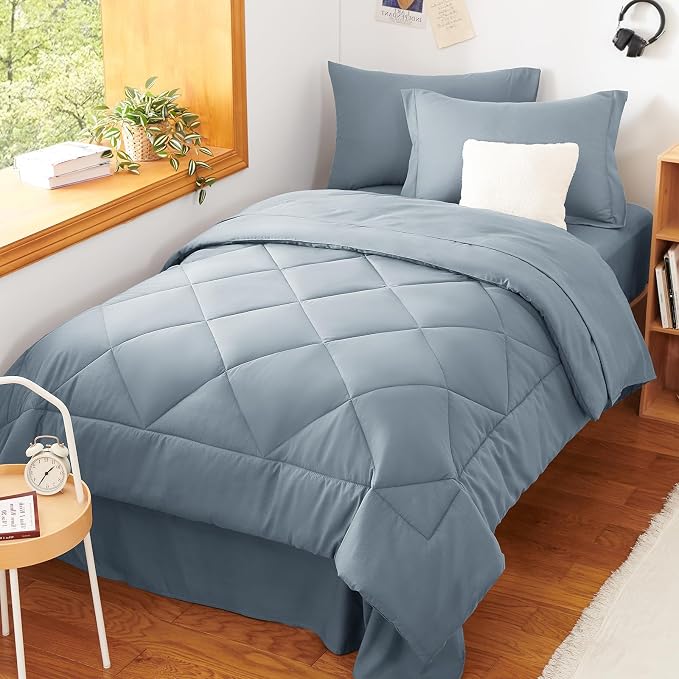 Twin Comforter Set with Sheets Dusty Blue - 5 Pieces Bed in a Bag | OEKO-TEX Certified, All Season, Teen, Single, Dorm, 240GSM Down-Alternative Comforter, Sheets, Pillowcase & Sham, Easy Care