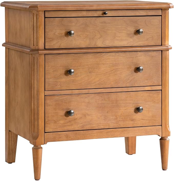 HULALA HOME 30 Inches Side Table with Charging Station, Teak | Spindle Legs, Hidden Drawer, Pull-Out Tray, Built-In Outlet, Chamfered Edges, Adjustable Feet, Transitional Style