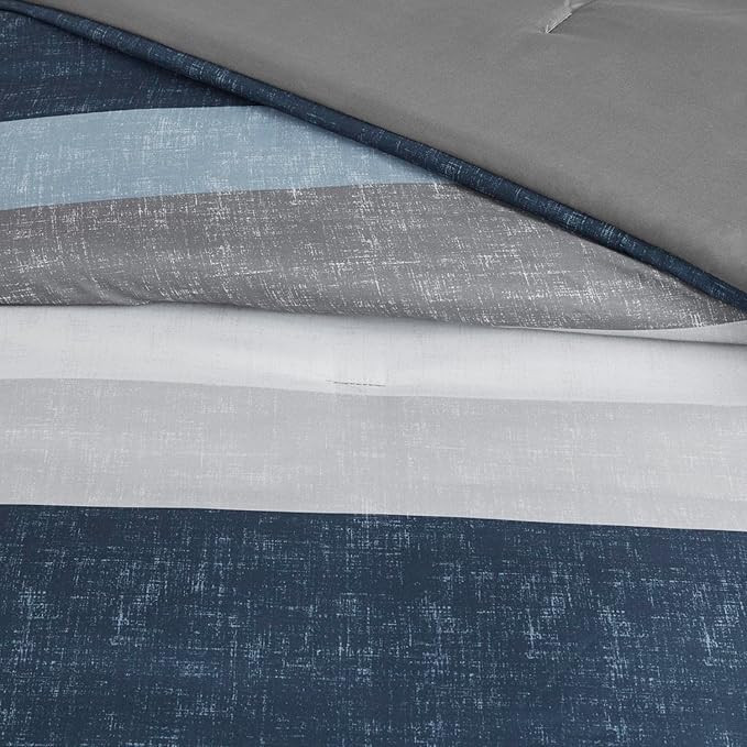 Madison Park Essentials Jaxon Full Size Comforter Set, Bed in A Bag Comforter & Sheet Set, Modern Casual Stripes Print, All Seasons, Soft Microfiber Bedding Makeover, Sham, Full, Blue/Grey 7 Piece