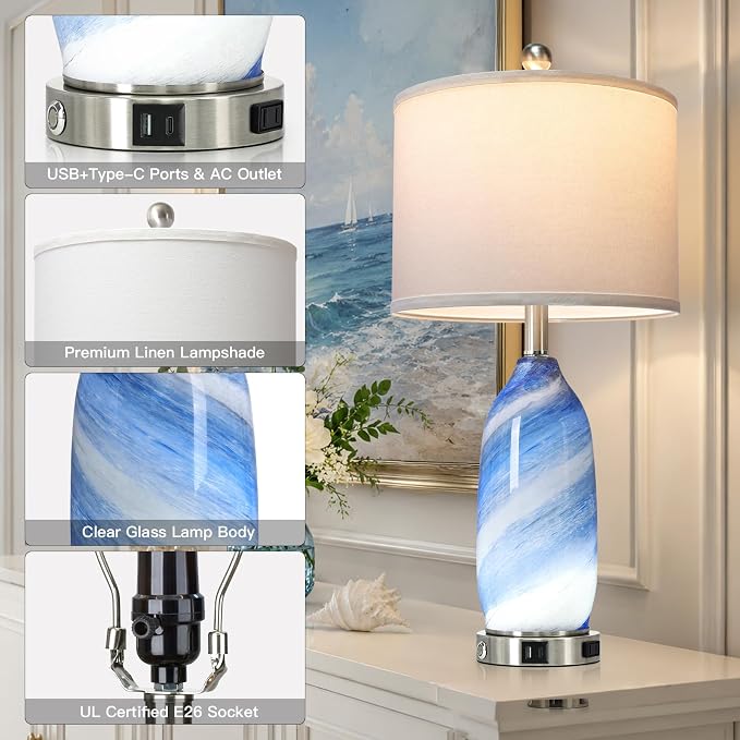 Rinweey 26" Grey-Blue Glass Table Lamps Set of 2,Coastal Lamps Nautical lamp with USB A+C Ports & AC Outlet,Bedside Lamps with 3-Way Dimmable-Night Light for Bedroom Living Room,Grey-Blue