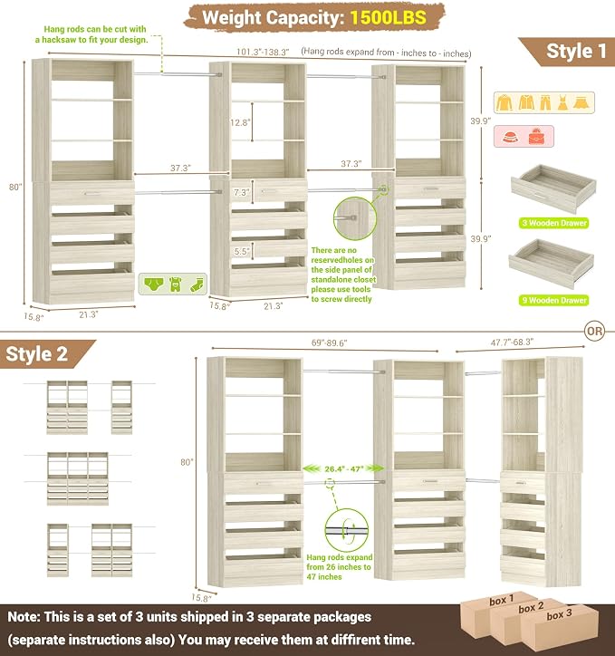 Aheaplus Closet System with 12 Drawers, 8.5-11.5Ft Wood Closet Organizer | White Oak Closet Storage with 4 Hanging Rods & 3 Towers, 4Ft & 6Ft L-Shaped Walk-in Closets Wardrobe Organizer, Set of 3